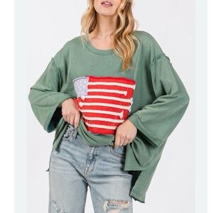 sage + fig green American flag patch pullover